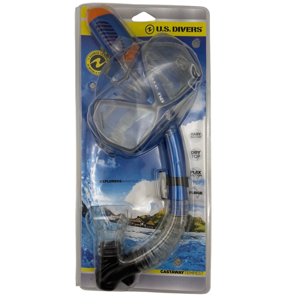 US Divers Castaway Tempest Adult Snorkel Mask Set Blue Dry Top‎ SC2861111MA